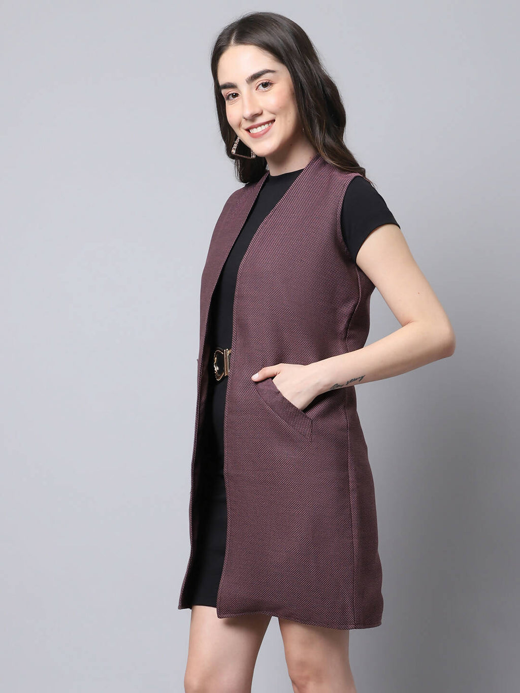 Even Apparels Wine Polywool Open Front Women's Long Coat - Distacart