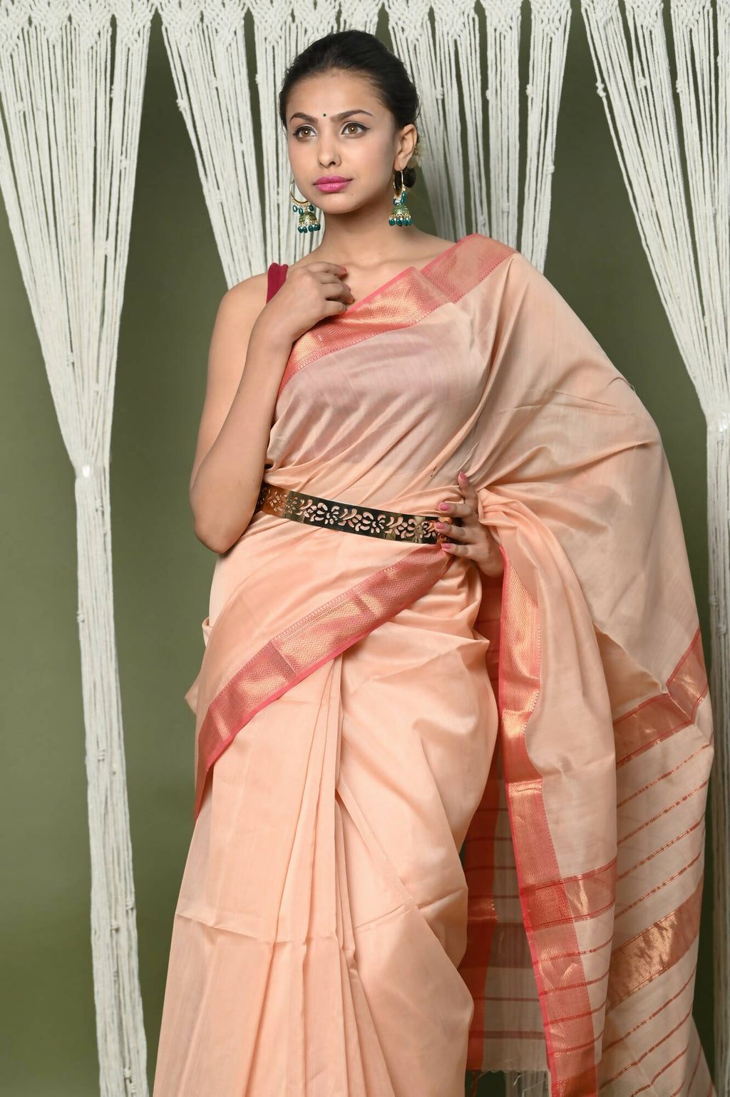 Very Much Indian Handloom Cotton Silk Maheshwari Saree With Sleek Golden Border - Beige