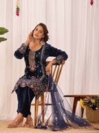Joban Fashion Blue Kurta Set Velvet Embroidery Sequence Work - Distacart