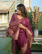 Charming Designer Deep Wine Color Organza Silk Saree With Weaving Work - Yomika Fashions