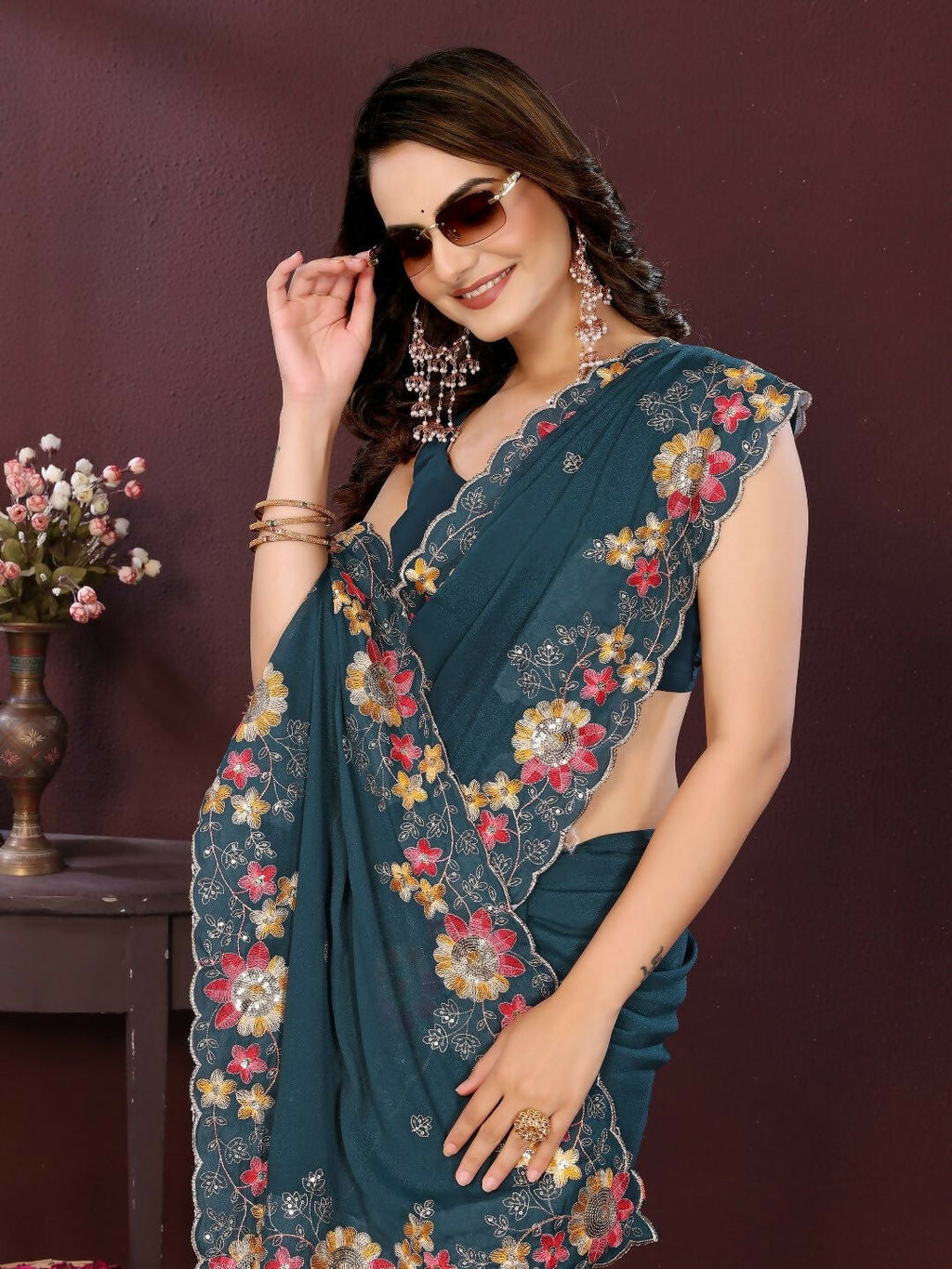 Ai Fashion Teal Soft Star Georgette Embroidery Party Wear Saree - Distacart