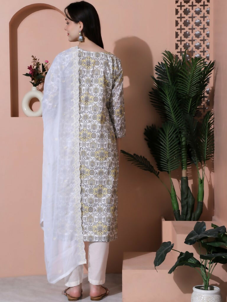Jyoti Fashion Women's Off White Cotton Floral Digital Printed Kurta with Trouser & Dupatta