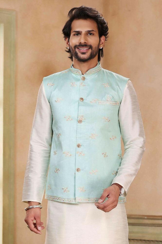 Raivat Ethnic Jacquard Banarasi Silk Woven Work 3 Pics Jacket Set In Pista Green Colour - Distacart