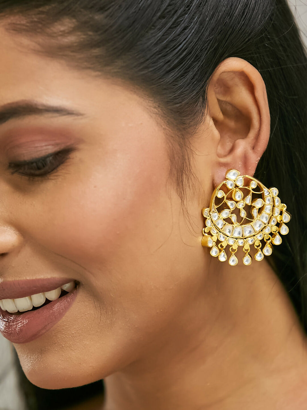Nuyug 22K Gold-Plated Kundan Stone Studded & Pearl Beaded Moon Chandbalis - Distacart
