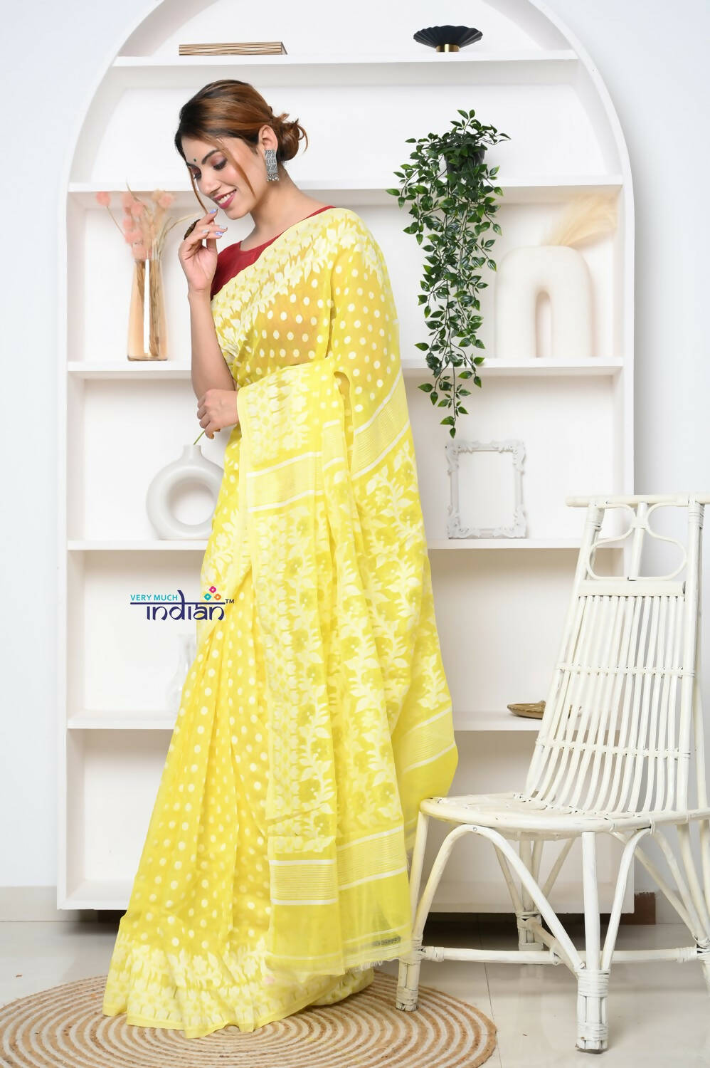 Very Much Indian Jamdhani Cotton Saree With Polka Dot Pallu - Lime Yellow - Distacart