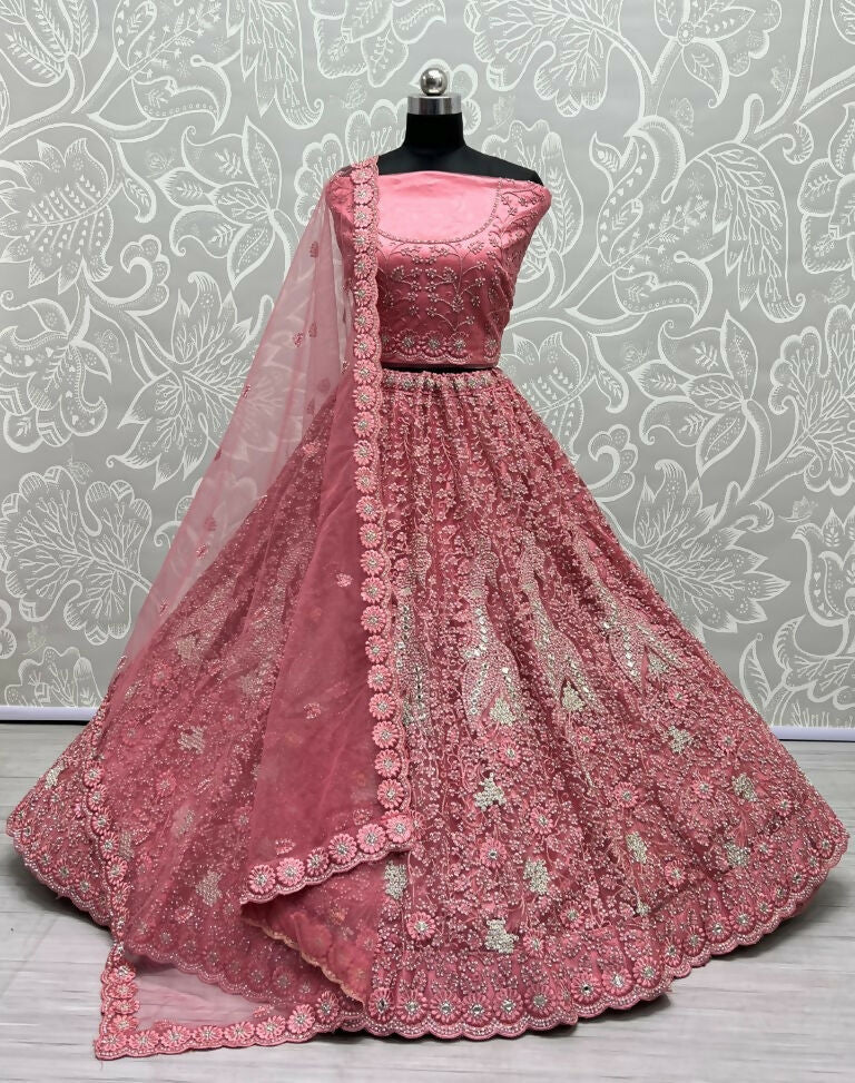 Jyoti Fashion Women's Pink Bridal Net Fancy Dori, Multi Thread, Hand Mirror and Diamond Work Wedding Lehenga Choli
