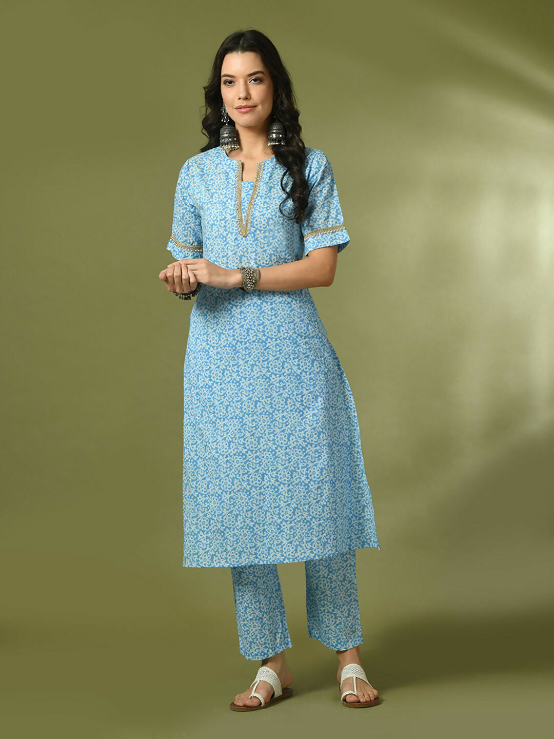Myshka Women's Blue Printed Cotton Straight Party Kurta Set