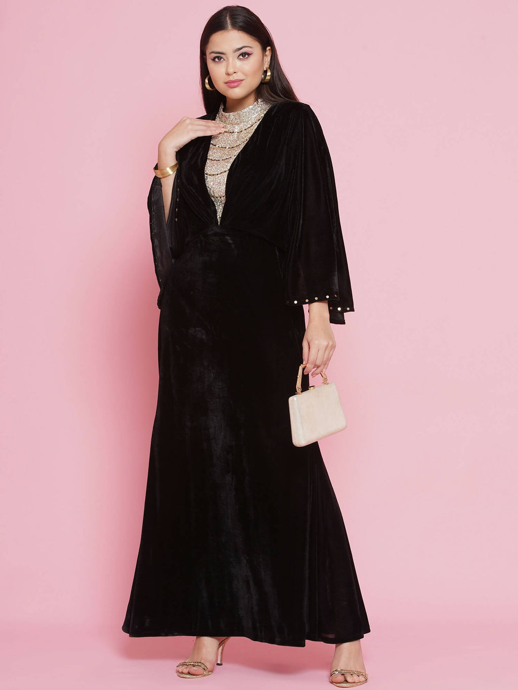 Women Republic Black Velvet Embellished Gown - Distacart