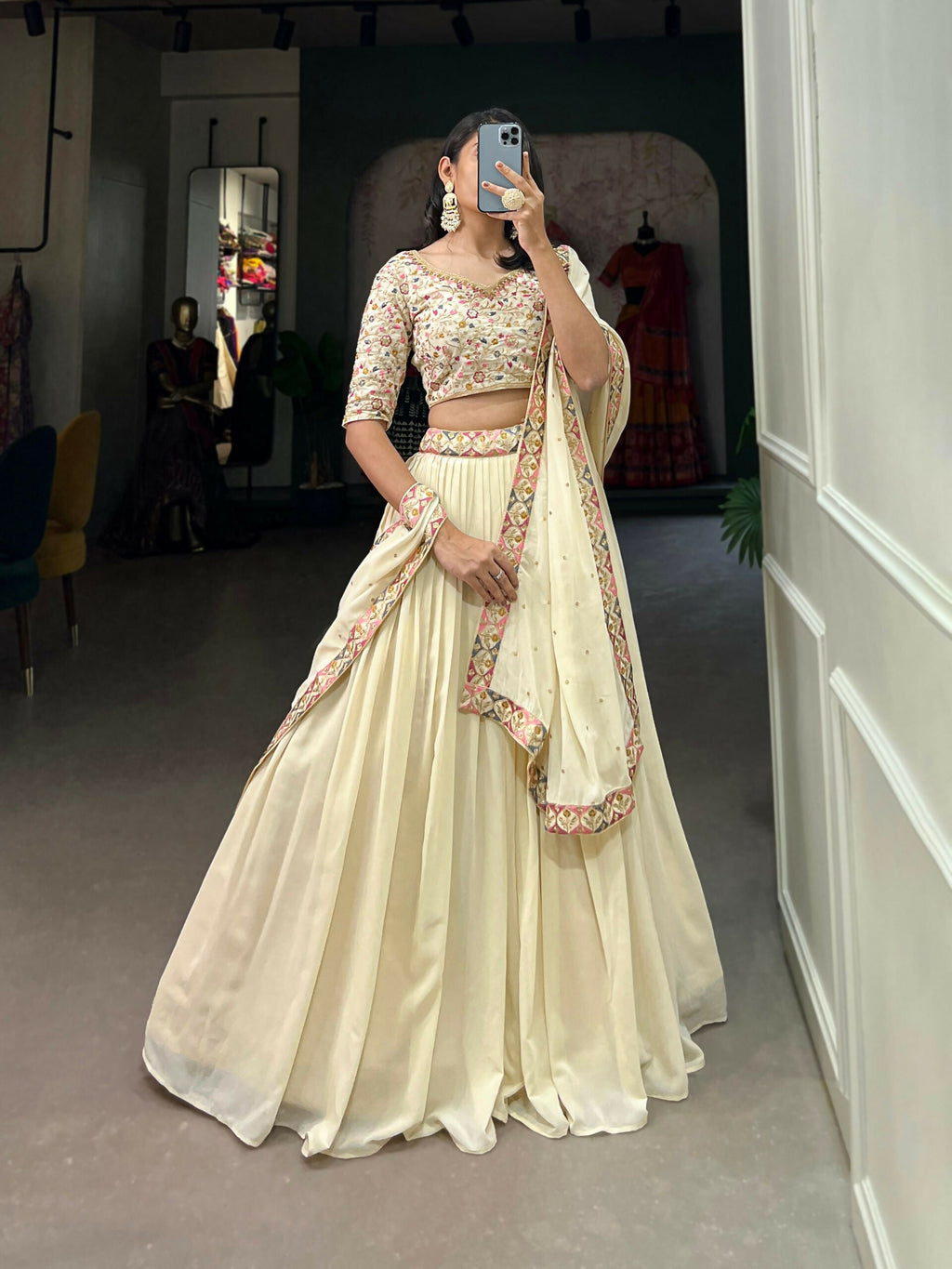 Vastranavya Exquisitely Sequins And Thread Embroidered Georgette Lehenga Choli - Off White