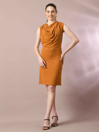 Myshka Women's Mustard Solid Cowl Neck Bodycon Party Dress - Distacart
