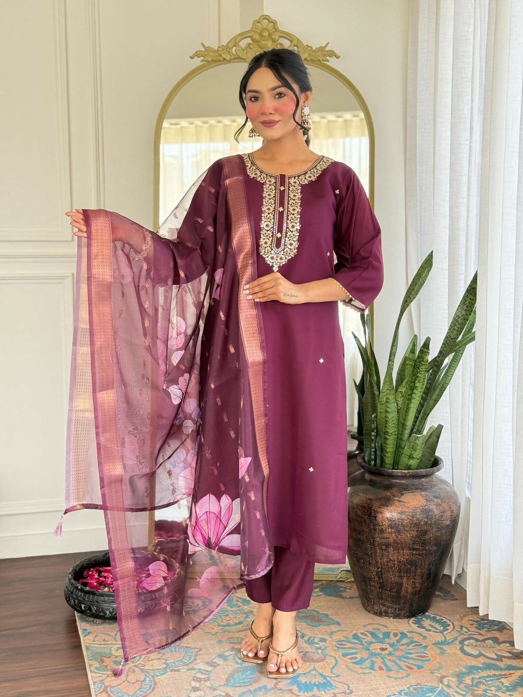 The52 Wine Women's Gorgeous Rayon Fabric Embroidered Work Straight Kurta Pant and Dupatta Set - Distacart