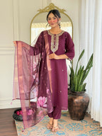 The52 Wine Women's Gorgeous Rayon Fabric Embroidered Work Straight Kurta Pant and Dupatta Set - Distacart