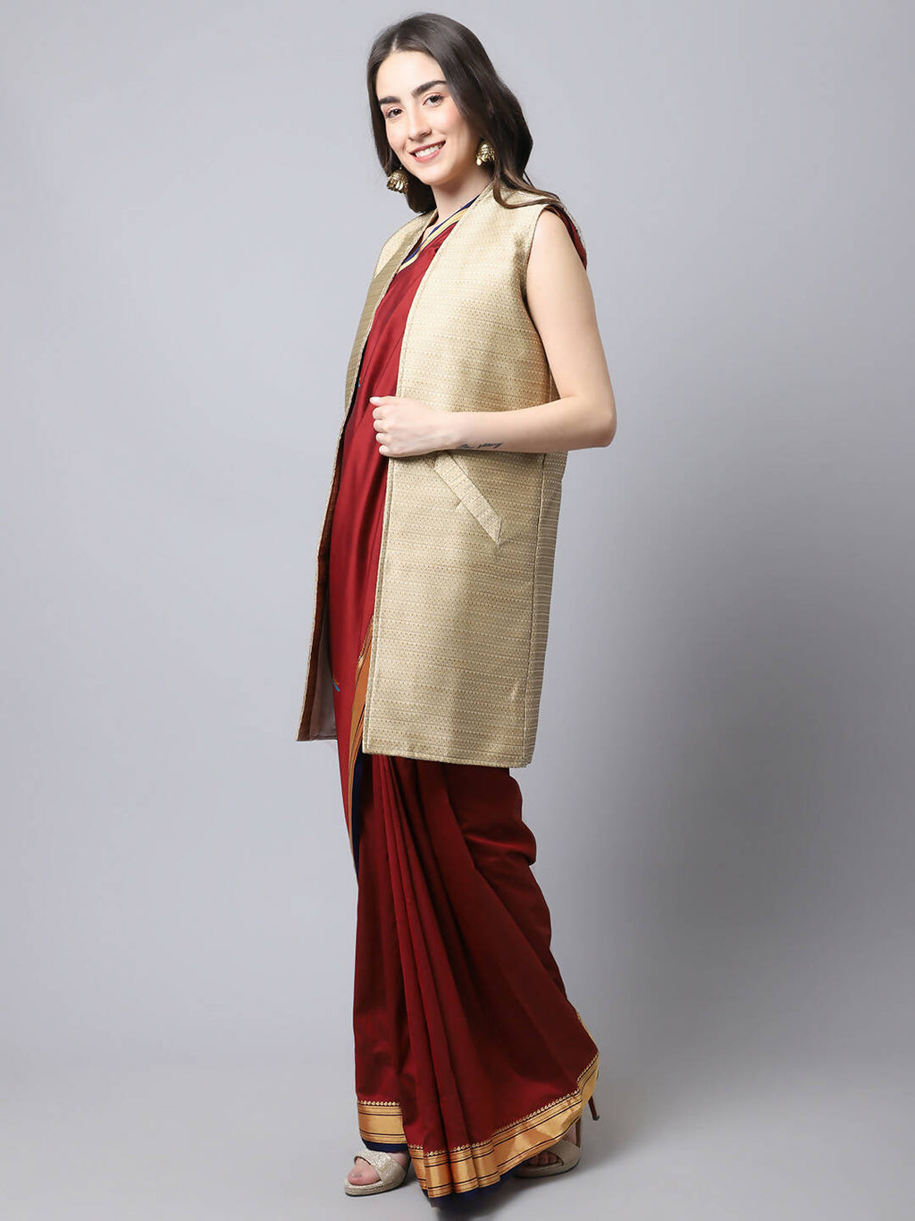 Even Apparels Beige Bansari Silk Open Front Women's Long Coat - Distacart