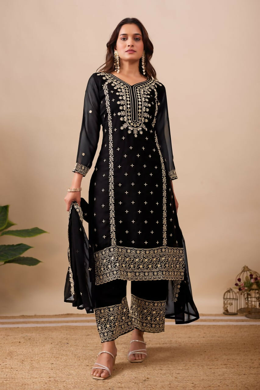 Joban Fashion Black Kurta Set Velvet Embroidery Sequence Work - Distacart