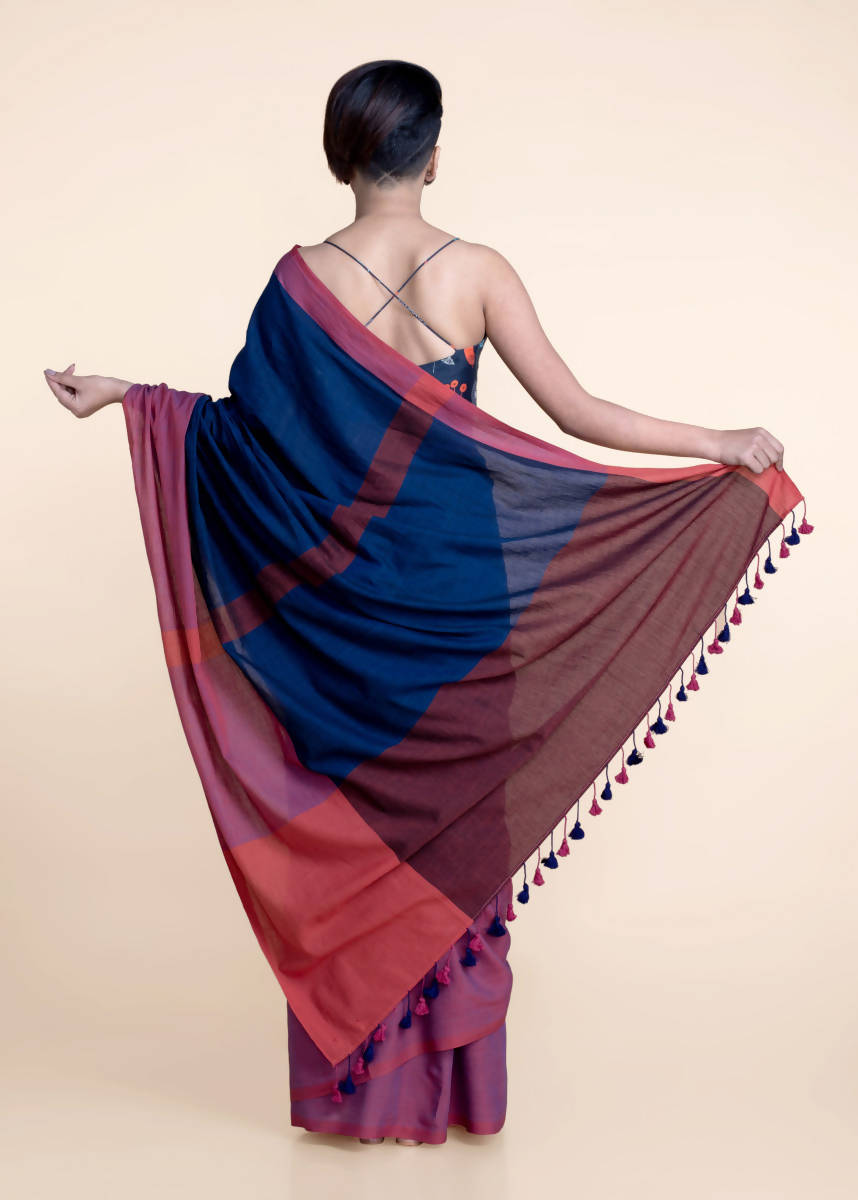 Suta Navy Blue Pink Colourblocked Mul Saree - Distacart