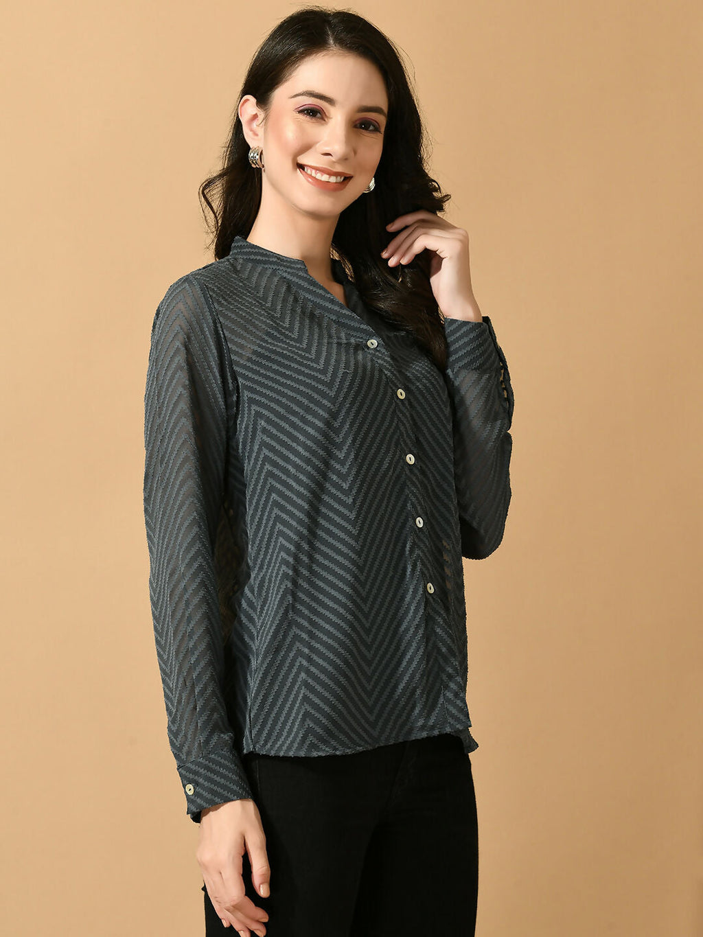Myshka Women's Grey Georgette Solid Sheer Shirt