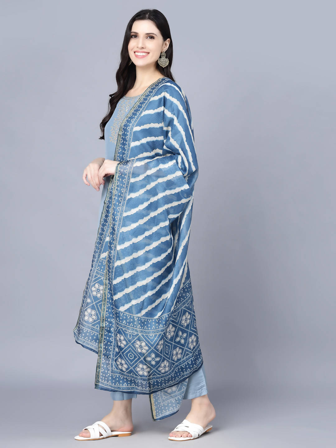 Myshka Women Blue Ethnic Motifs Panelled Kurta with Trousers With Dupatta - Distacart