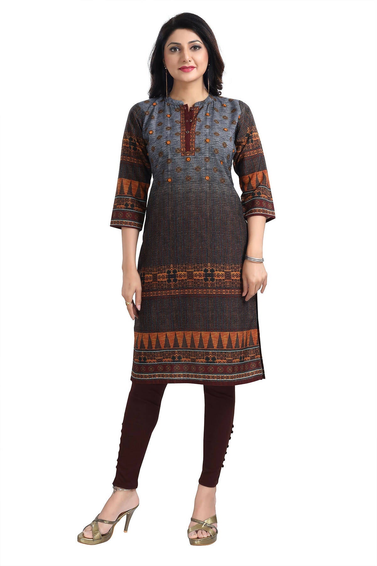 Snehal Creations Beautiful Brown Designer Print Cotton Slub Long Kurti Tunic - Distacart
