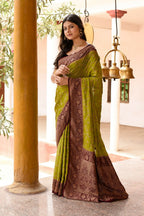Joban Fashion Grass Green Crepe Chiffon Pure Handloom Banarasi Silk Saree