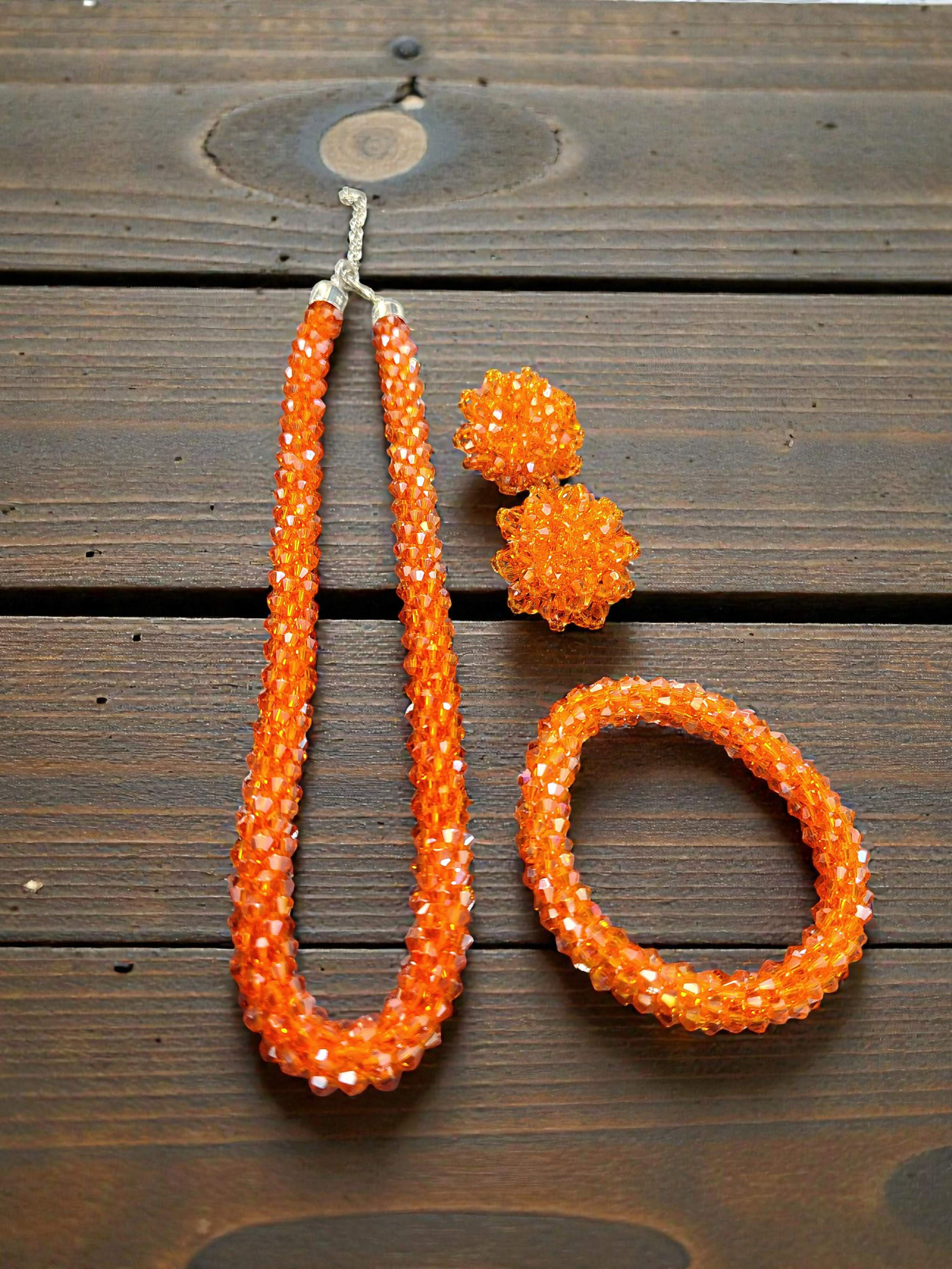 Inhanns Complete Look Crystal Statement 3-Piece Set (Adjustable Necklace + Earrings + Adjustable Bangle ) - Orange