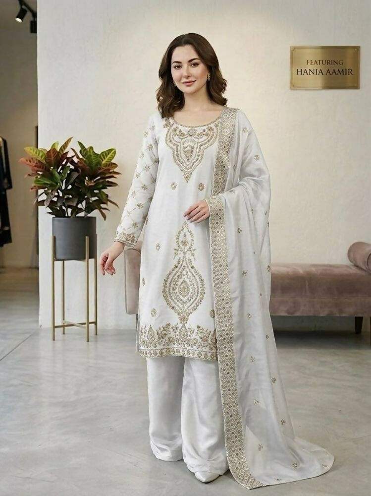 Teeya Creation White Color Gimmychu Silk Embroidery Work Wedding Wear Salwar Suit - Distacart