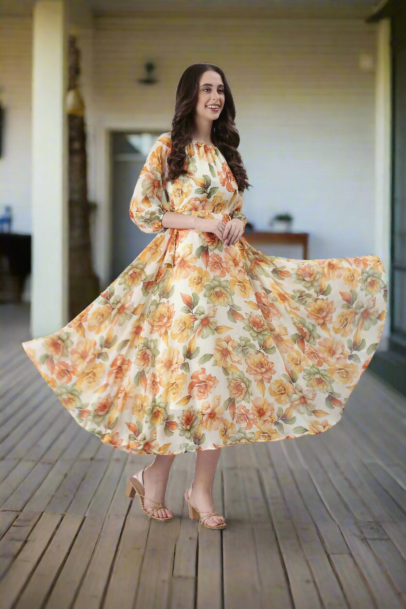 Souchii Cream Floral Chiffon Dress