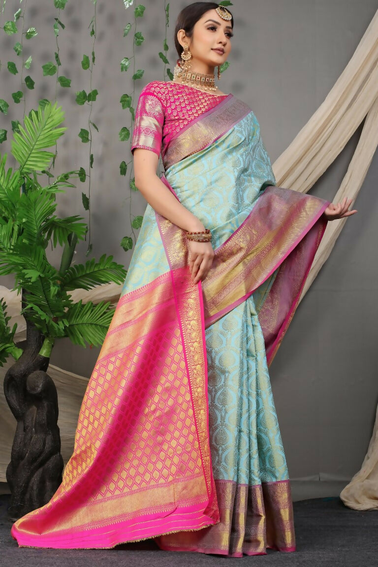 Jyoti Fashion Women's Sky Blue Kanjivaram Silk Zari Woven Saree with Blouse