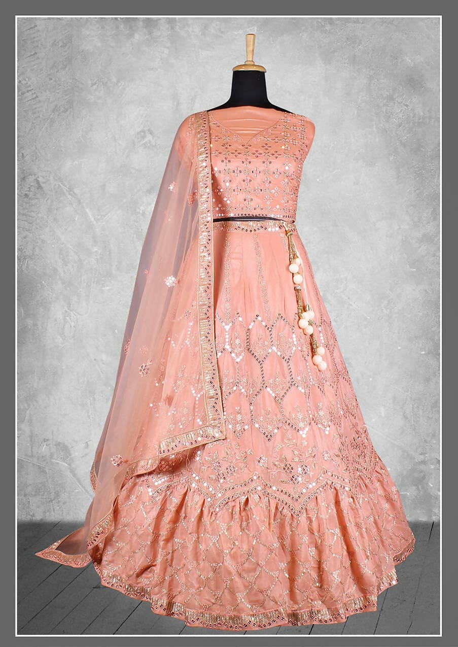 Peach Satin Silk Sequins and cord embroidery, cut work Bridal lahenga Choli with Dupatta - Nimaya Pavitra Rista