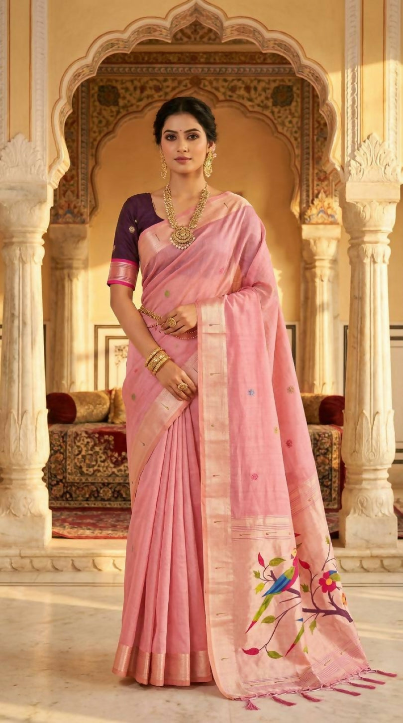 Vastranavya Pink Muga Cotton Meenakari & Munia Weaving Pallu Saree with Contrast Blouse - Distacart