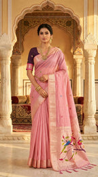 Vastranavya Pink Muga Cotton Meenakari & Munia Weaving Pallu Saree with Contrast Blouse - Distacart