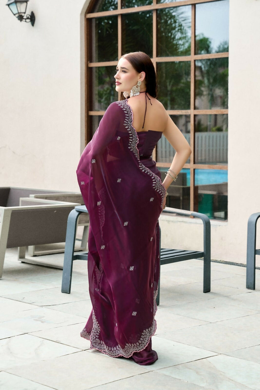 Vastranavya Wine Embroidery Work Shimmer Chiffon Saree with Unstitched Blouse - Distacart