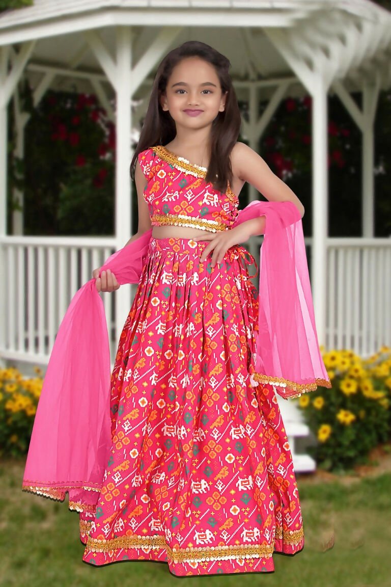 Aayaa Designer Printed Silk Pink Kids Lehenga Choli - Pink