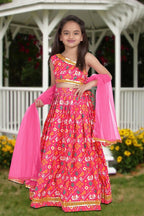 Aayaa Designer Printed Silk Pink Kids Lehenga Choli - Pink