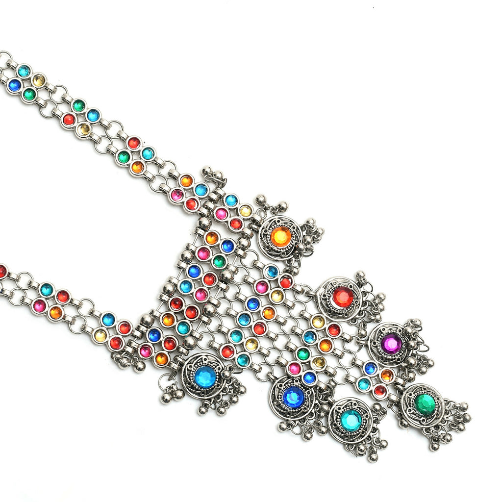 Mominos Fashion Johar Kamal Oxidised Silver-Plated Brass Finish Multi Kundan Afghani Long Necklace For Women - Distacart