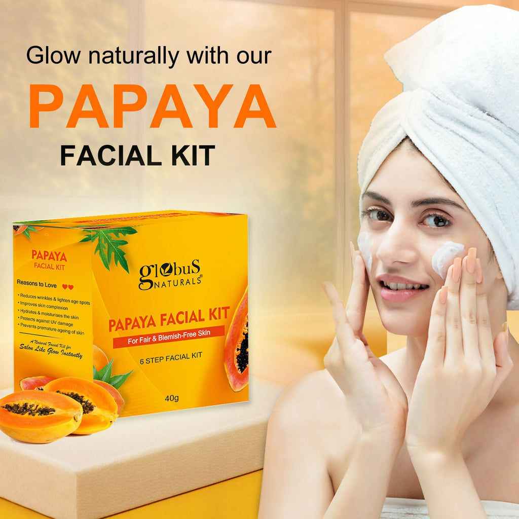 Globus Naturals Papaya Facial Kit For Blemish Free Skin & Anti-Pigmentation, 6 Steps - Distacart