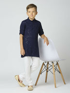 Joban Fashion Kids Island Full Sleeves Cotton Kurta and Pyjama Set with Sequin work - Navy Blue - Distacart