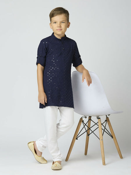 Joban Fashion Kids Island Full Sleeves Cotton Kurta and Pyjama Set with Sequin work - Navy Blue