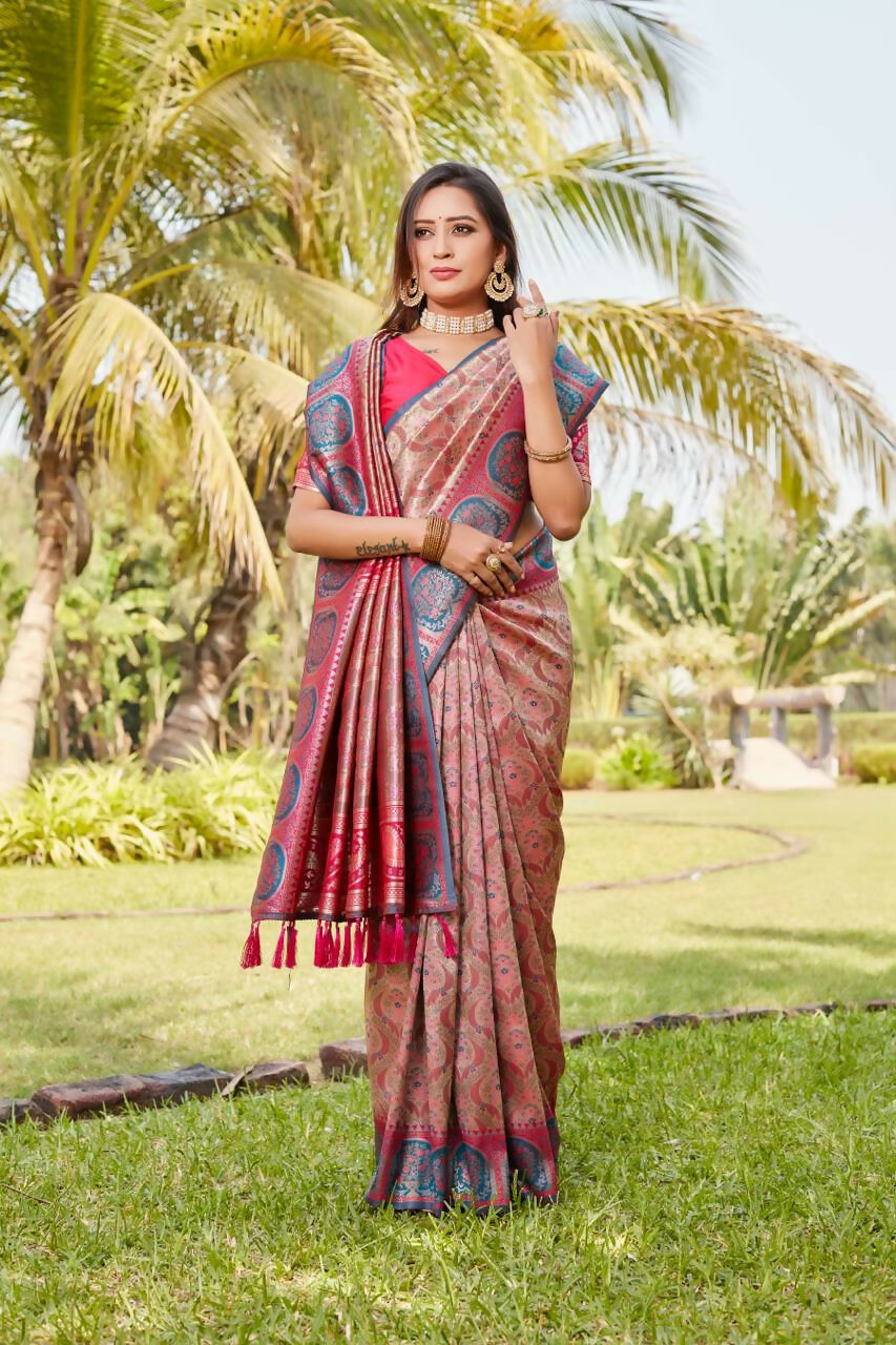Vastranavya Boutique Collection Kanjivaram Soft Silk Saree With Unstitched Blouse - Coral