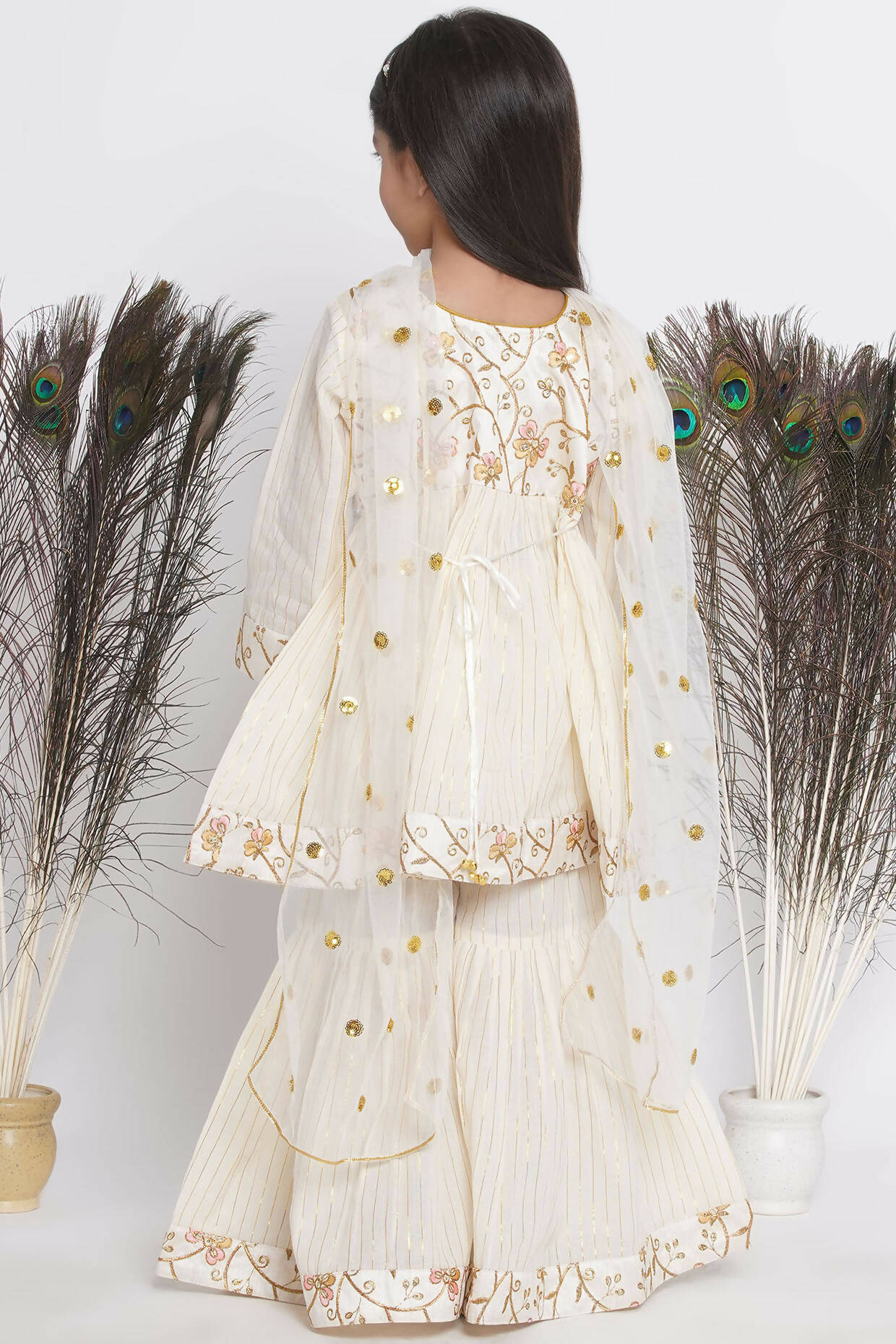 Little Bansi Floral Embroidery Jacket With Cotton Lurex Frock Sharara And Dupatta With Ghungroo Handwork - Cream