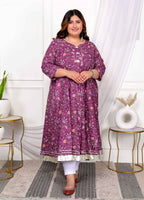 Miravan Women's Plus Size Cotton Gota Patti And Lace Border Details Floral Printed Purple Anarkali Kurta