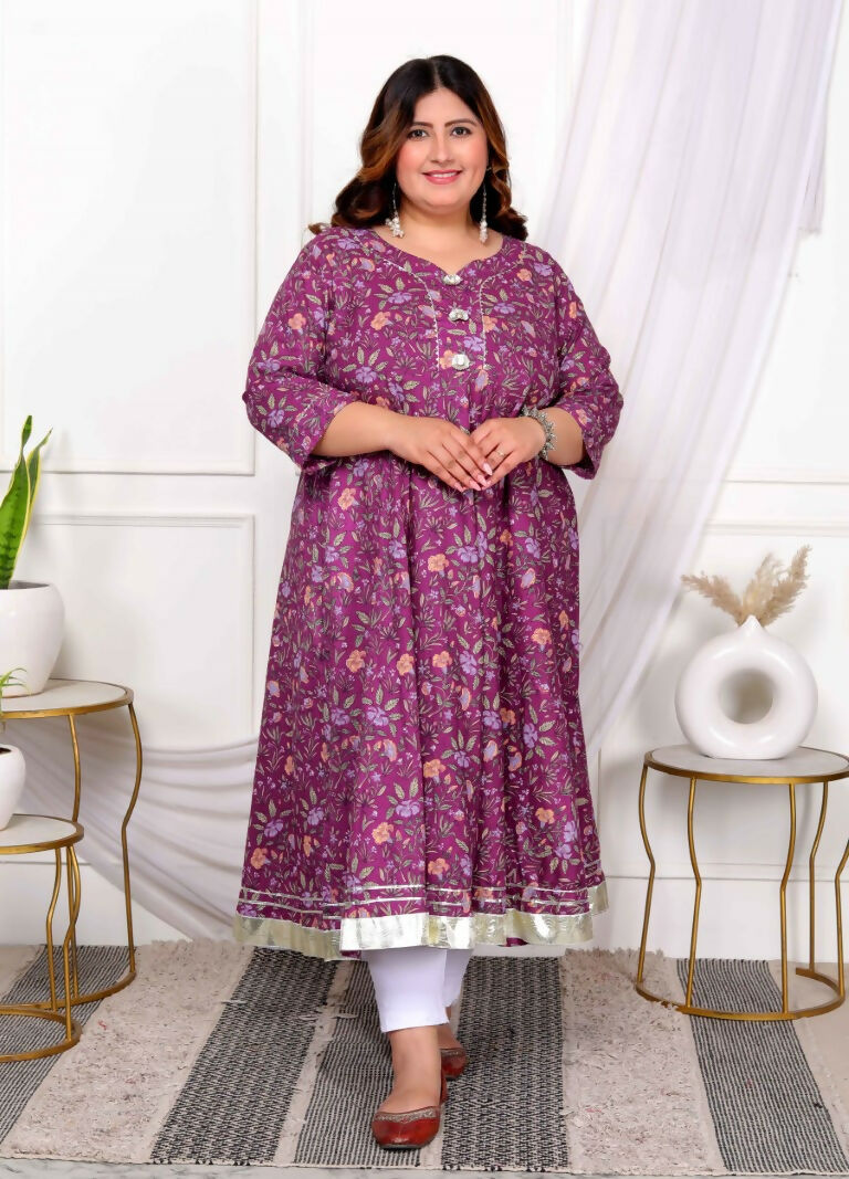 Miravan Women's Plus Size Cotton Gota Patti And Lace Border Details Floral Printed Purple Anarkali Kurta