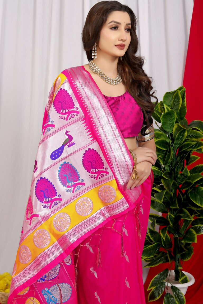 Jyoti Fashion Women's Pink Paithani Silk Zari Woven Saree with Blouse