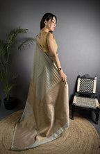 Joban Fashion Grey Banarasi Soft Lichi Silk Checks & Woven Saree - Distacart