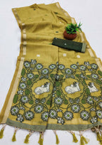 Vastranavya Yellow Muga Cotton Meenakari & Azarakh Pallu Saree with Contrast Blouse - Distacart