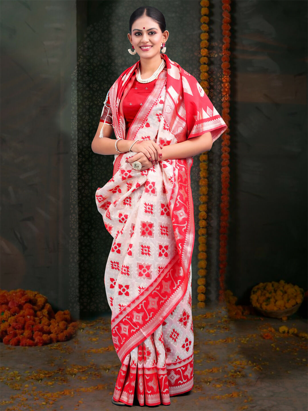 Shree Shyam Fashion Devistuti Red White Linen Cotton Saree