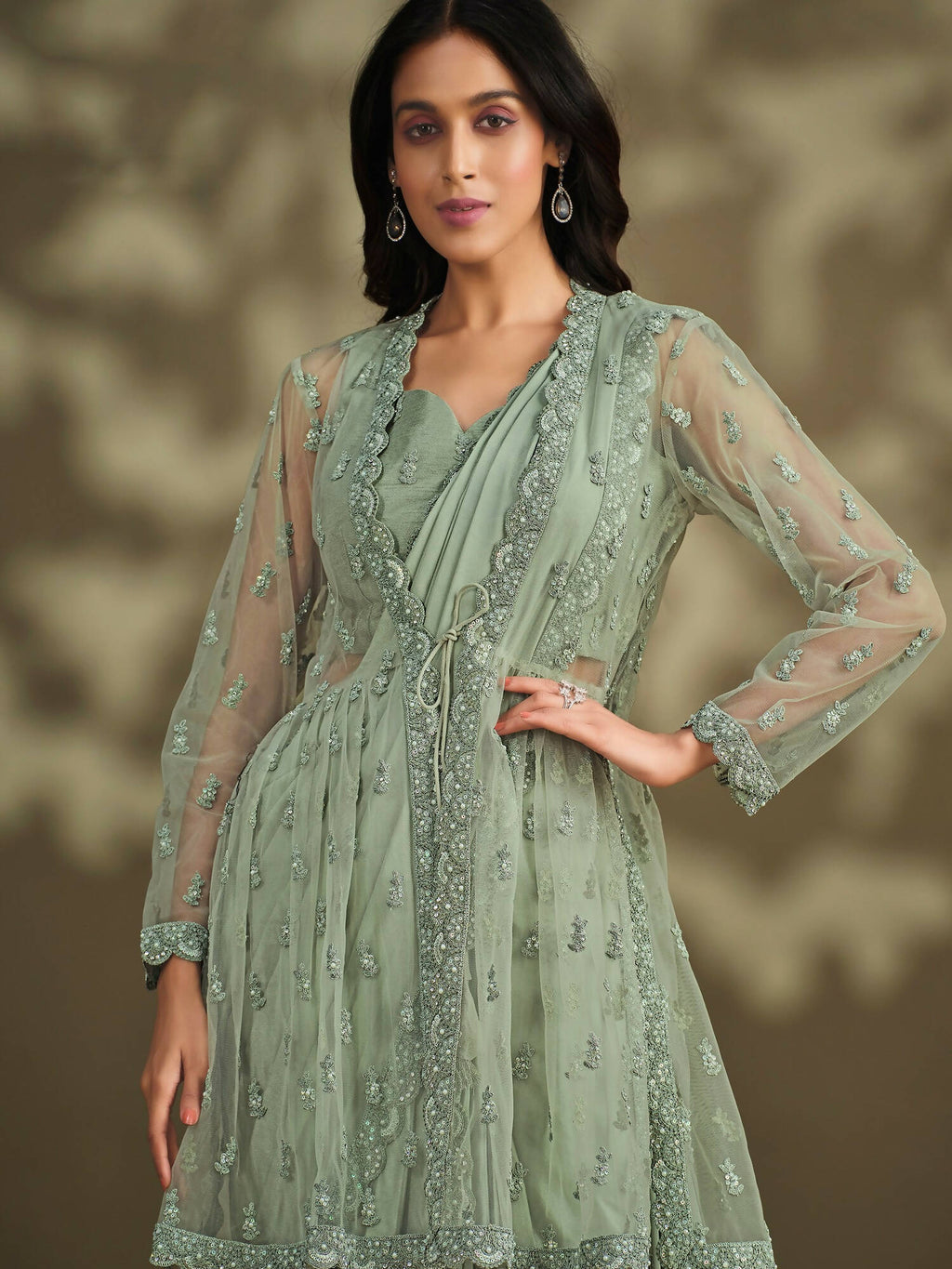 Sea Green Crepe Silk Sequence Embroidered With Stone & Sequence Work Jacket Saree With Stitched Blouse - Mohmanthan La Belle