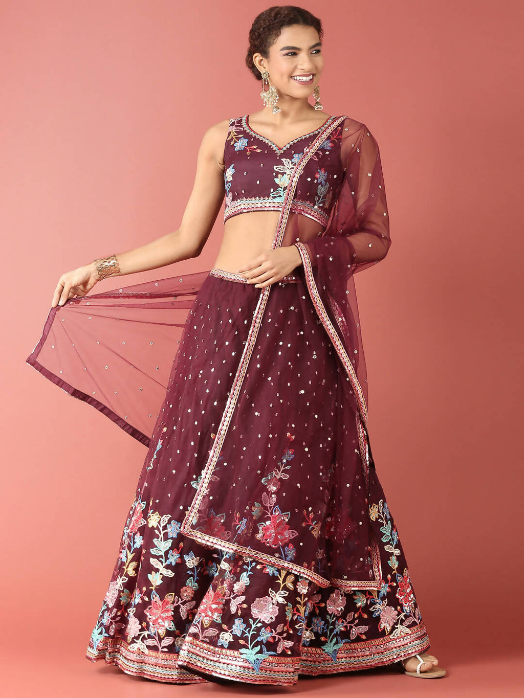 House of Panchhi Burgundy Net Multi colour Thread & Sequinse Work Lehenga & Blouse, Dupatta