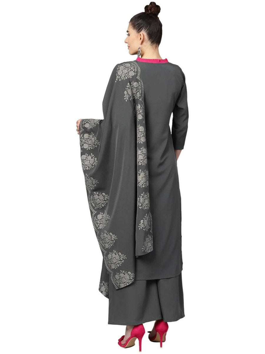 Ahalyaa Grey Crepe Printed Kurta Palazzo Set With Dupatta - Distacart