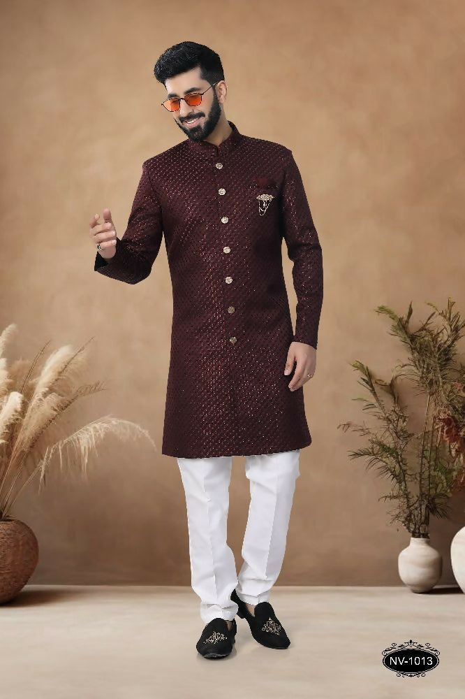 Joban Fashion Men's Maroon Straight Silk Thread & Sequence Embroidery All Over Indo-Western Kurta Set