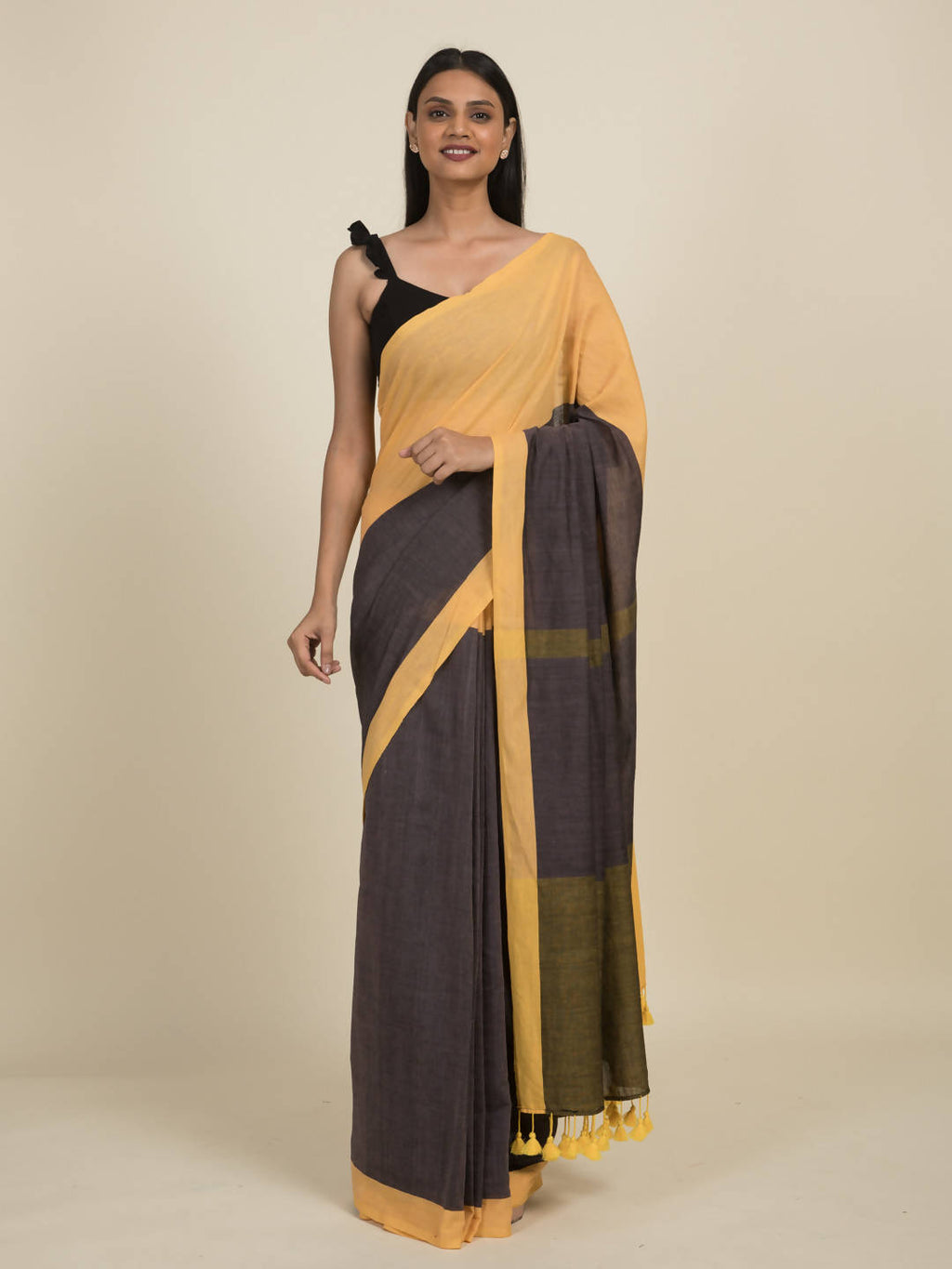 Suta Grey Yellow Colourblocked Pure Cotton Saree - Distacart